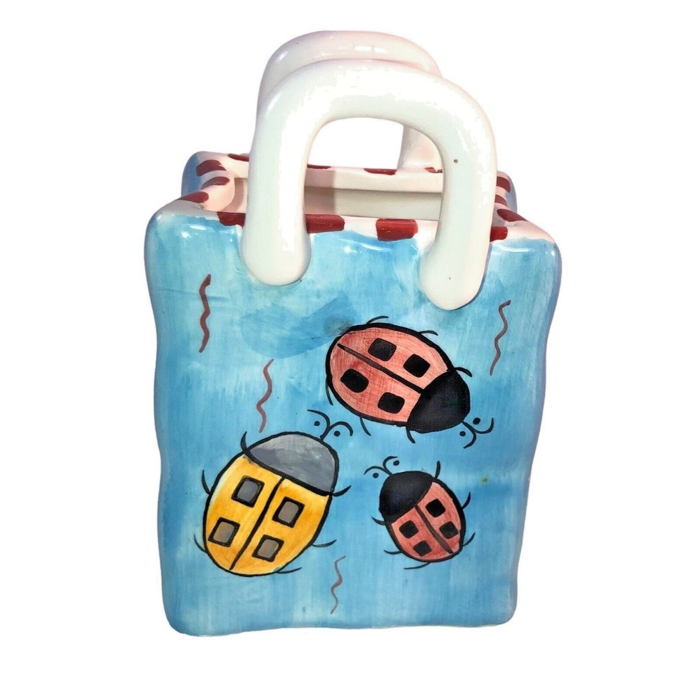 Milson & Louis Hand Painted Lady Bug Ceramic Bag Vase Planter Vintage Signed